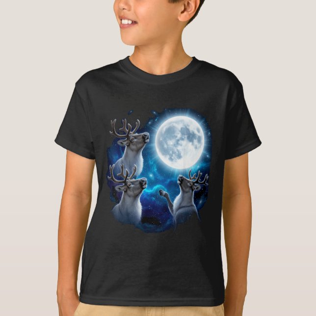 Three Reindeer Howling At The Moon Merry Christmas T Shirt (Framsida)