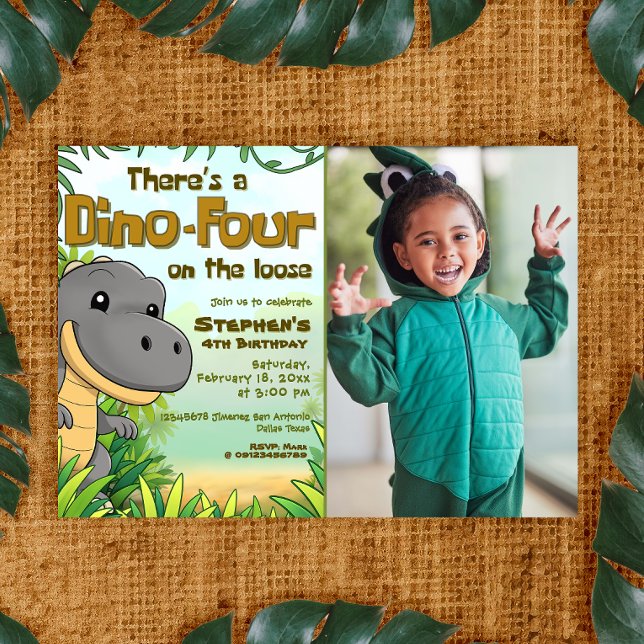 Three Rex Boy 4th Birthday with Photo Inbjudningar (Three Rex Boy 4th Birthday with Photo Invitation)