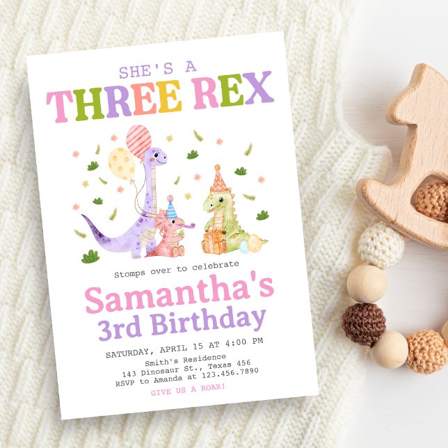 Three Rex Dinosaur Birthday Inbjudningar (Dinosaur 3rd Birthday Invitation)