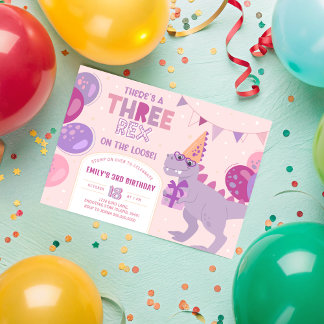 Three Rex Girl Invitation. T-Rex 3rd Birthday Inbjudningar