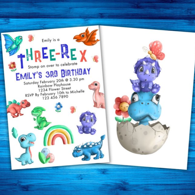 Three-Rex Girls 3-års födelsedagsdino-fest Dino Inbjudningar (Skapare uppladdad)