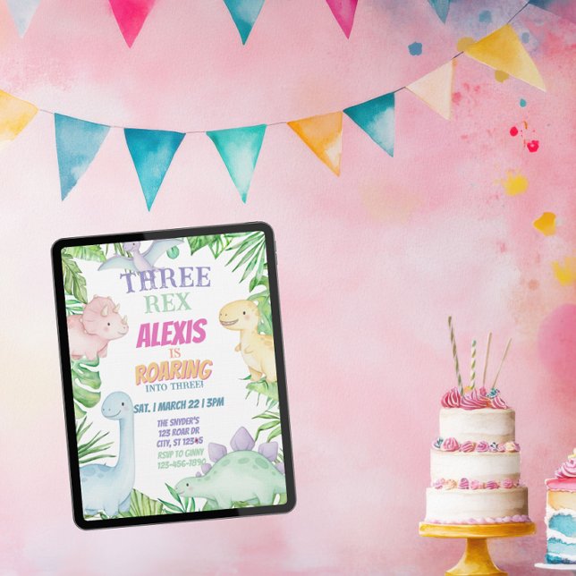 Three Rex, Pastel Dinosaur 3rd Birthday Inbjudningar (Skapare uppladdad)