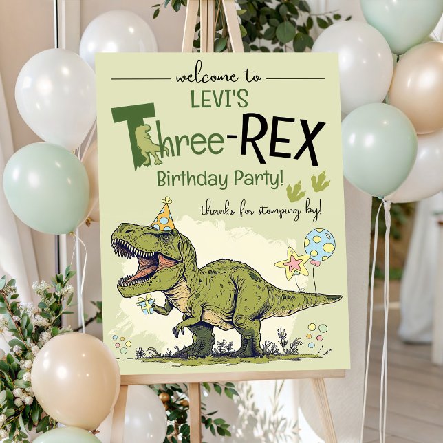Three-Rex Söt Dinosaurie 3-års Födelsedagsfirande  Poster (Funny Three-Rex Cute T Rex Dinosaur 3rd Birthday Party Welcome Poster Sign, personalized, digital)