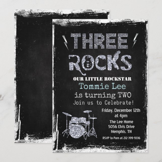 Three Rocks Rockstar Trumset 3-års födelsedag  Inbjudningar (Fram/baksida)