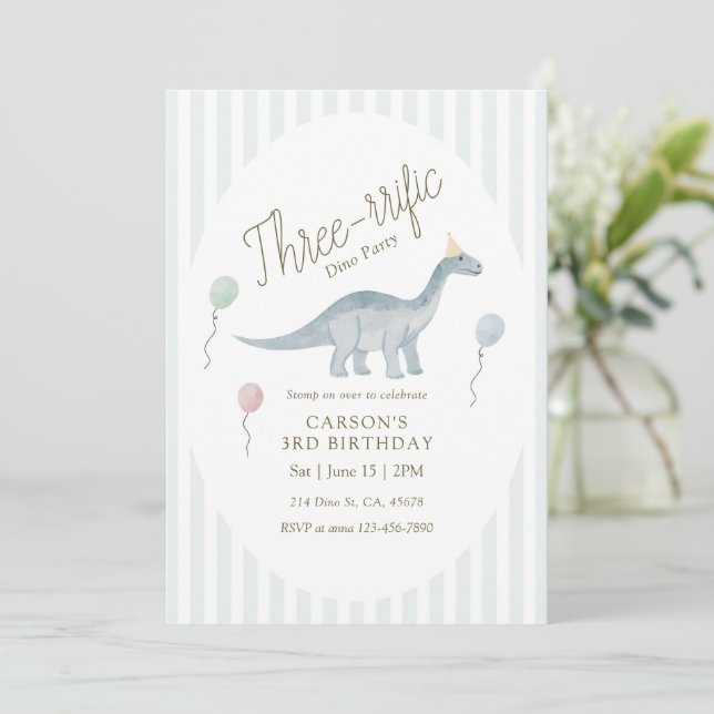 Three-rrific Dinosaur Birthday Invitation Inbjudningar (Stående Fram)