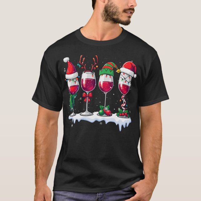 Three Santa Elf Reindeer Wine Glasses Christmas Dr T Shirt (Framsida)