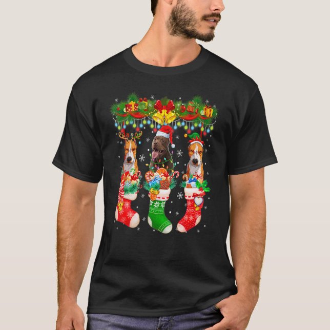 Three Santa Reindeer Elf Pit Bull Dogs In Christma T Shirt (Framsida)