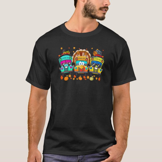 Three School Buses Pilgrim Turkey Fall Vibes Thank T Shirt (Framsida)