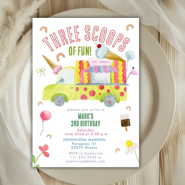 Three Scoops Of Fun Glassbil till 3-årsfest  Inbjudningar (Skapare uppladdad)