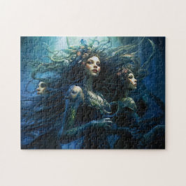Three Sea Nymphs in Mirror Fantasy Painting Pussel