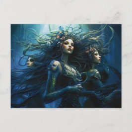 Three Sea Nymphs in Mirror Fantasy Painting Vykort