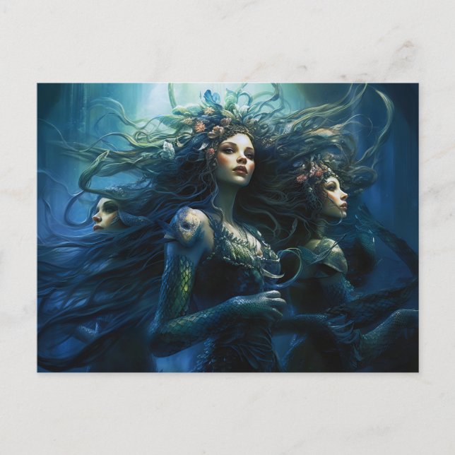 Three Sea Nymphs in Mirror Fantasy Painting Vykort (Framsida)