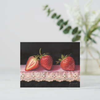 Three Strawberries on Lace Postcard Vykort