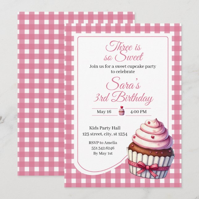 Three Sweet Pink Cupcake Girl 3rd Birthday Party Inbjudningar (Fram/baksida)