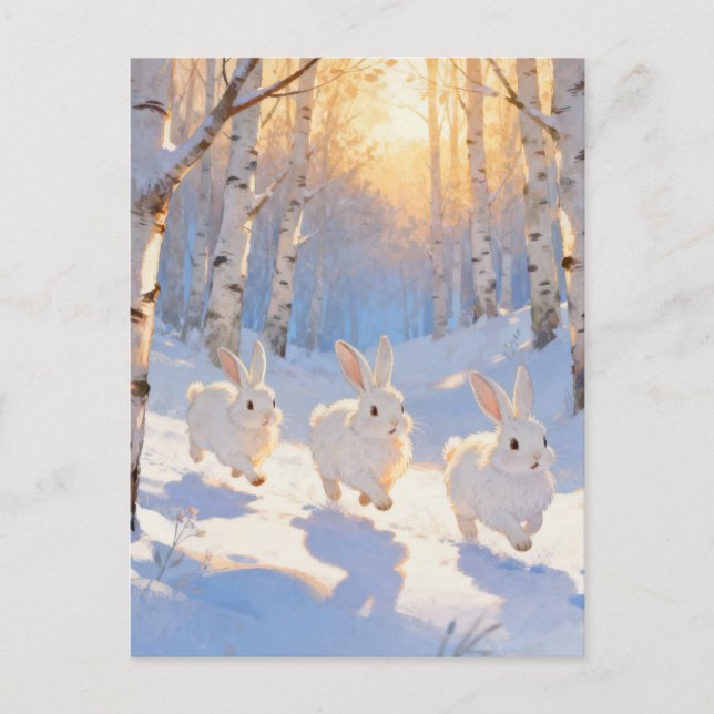 Three White Winter Rabbits  Vykort (Framsida)