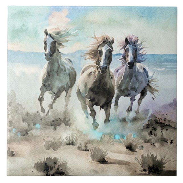 Three Wild Horses Race Across a Dusty Prairie Kakelplatta (Framsidan)