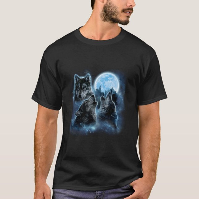 Three Wolves Howling And Moon Wolf T Shirt (Framsida)