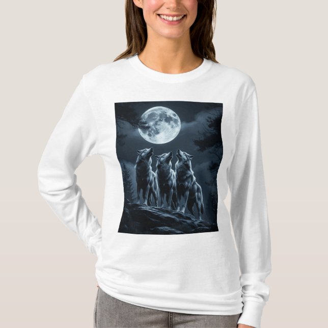 Three Wolves Howling at the Full Moon - Three Wolf T Shirt (Framsida)