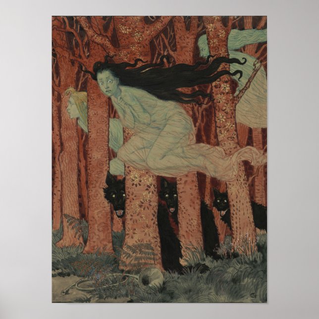 Three Women and Three Wolves Eugène Grasset Poster (Framsidan)