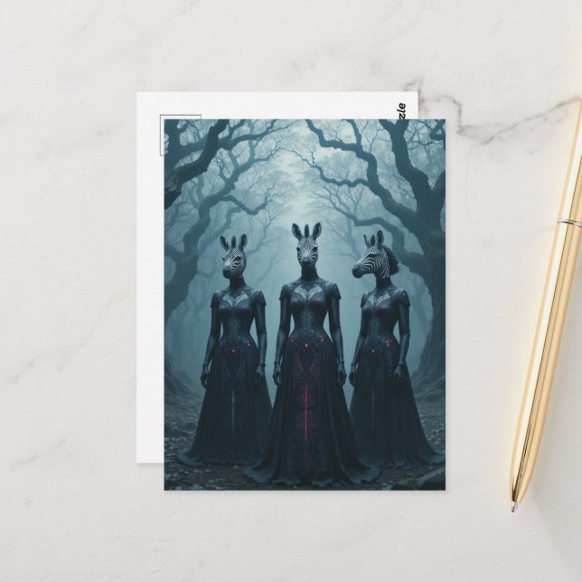 Three Women With Zebra Heads in Forest Vykort (Fram/Back In Situ)