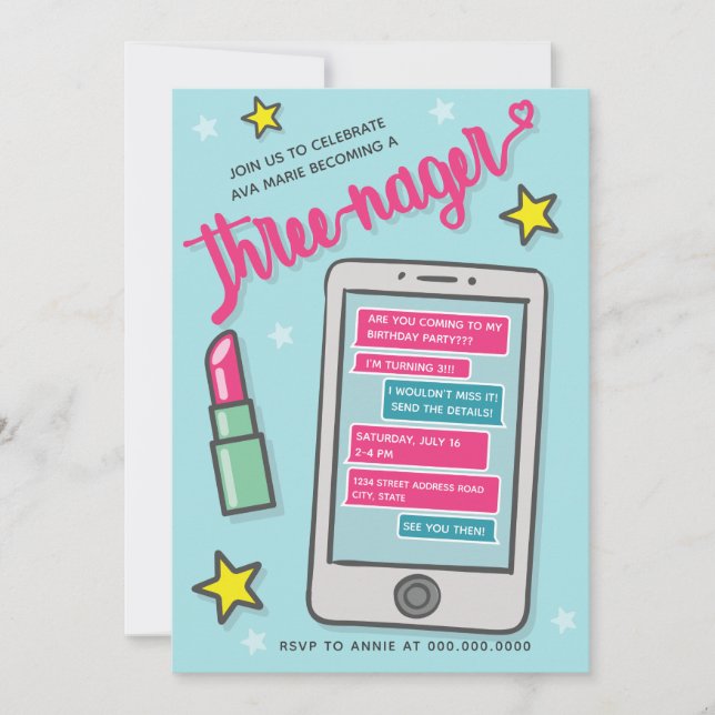 Threenager Funny Girl's Tredje födelsedagsinbjudan Inbjudningar (Framsida)