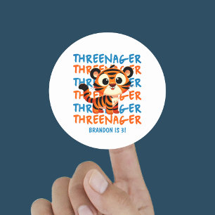 Threenager Tiger Boy 3th Birthday Party Runt Klistermärke