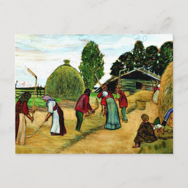 Threshing, målning av Boris Kustodiev Vykort (Framsida)