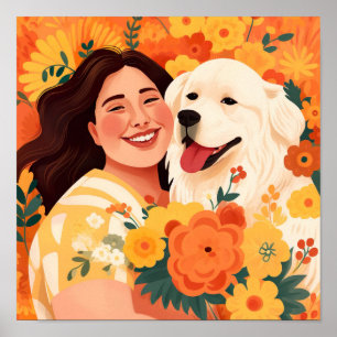 Thriving Woman & Rädding Hund Blommigt Porträtt Poster