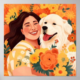 Thriving Woman & Rädding Hund Blommigt Porträtt Poster
