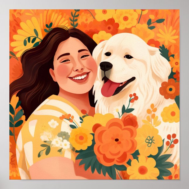 Thriving Woman & Rädding Hund Blommigt Porträtt Poster (Framsidan)