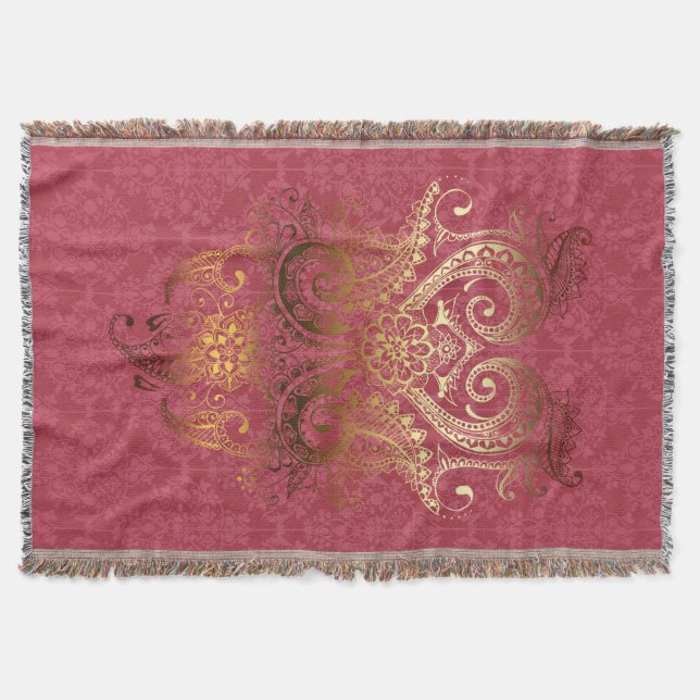 Throw Blanket Guld indisk Ornament Damask fuchsia Filt (Framsidan)