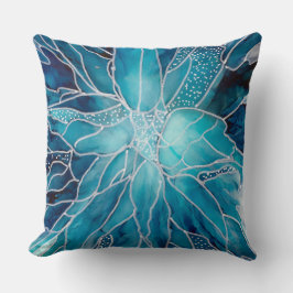 Throw Cushion -  Alcohol Ink Art Blue White Flower Kudde