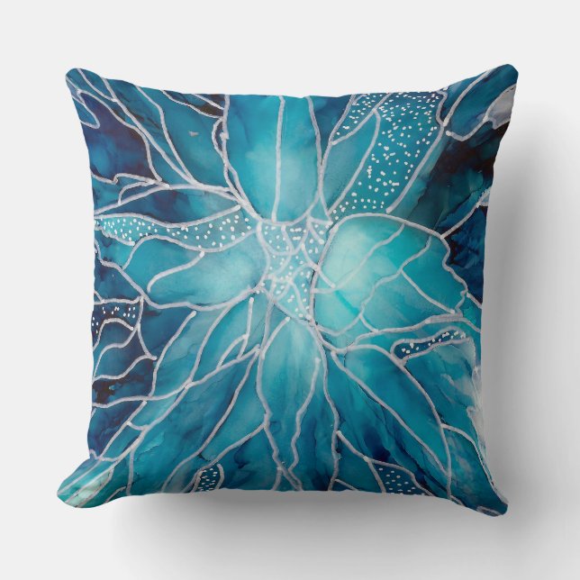 Throw Cushion -  Alcohol Ink Art Blue White Flower Kudde (Framsida)