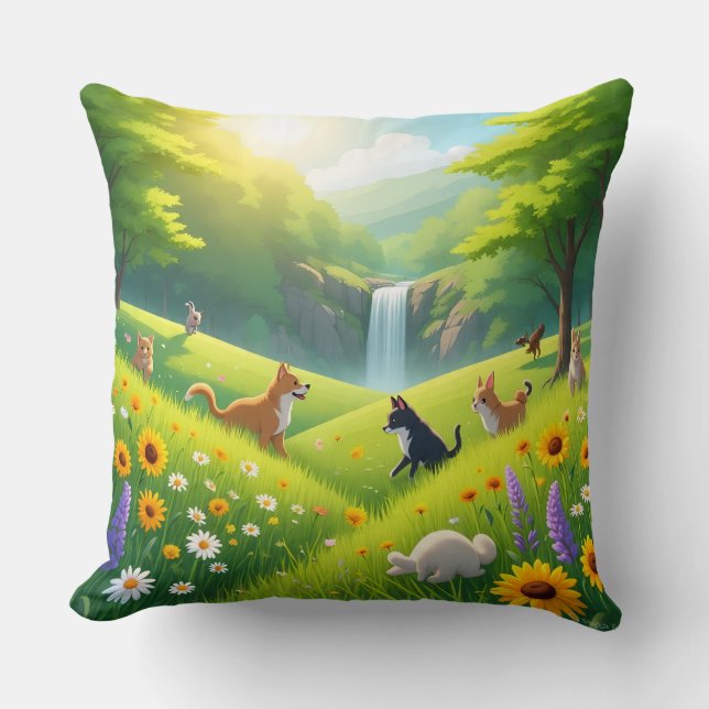 Throw Pillow Blooming Green Fields & Waterfall Ser Kudde (Framsida)