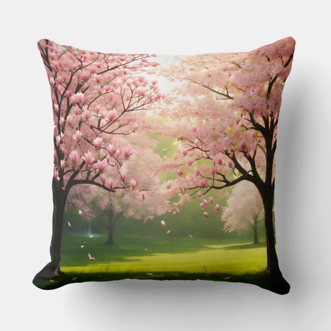 Throw Pillow Blooming Trees Over Green Fields Kudde (Framsida)