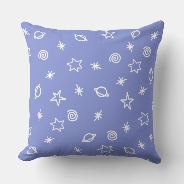 Throw Pillow Blue Space Doodle Stars Planets Kudde (Framsida)