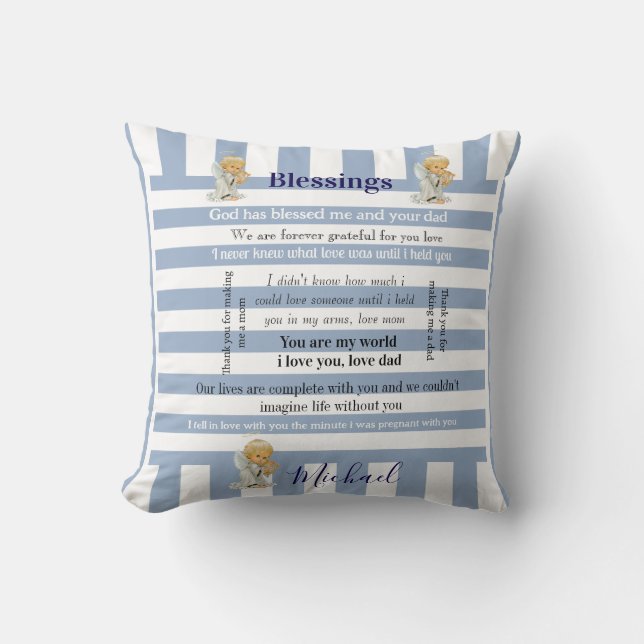 Throw Pillow Blue & White Stripe Blessings  Kudde (Framsida)