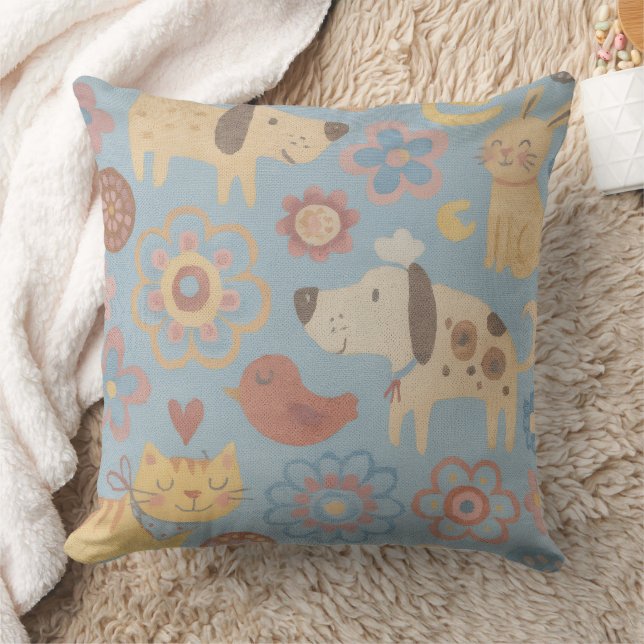 Throw Pillow - Dogs, Cats, Birds, & Flowers Design Kudde (Filt)