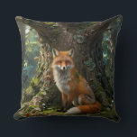 Throw Pillow Fox in the forest Kudde<br><div class="desc">The pillow depicts a fox hiding under a mossy tree.</div>
