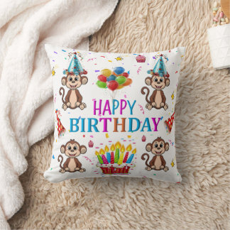 Throw Pillow, Happy Birthday Monkey Cupcake Kudde