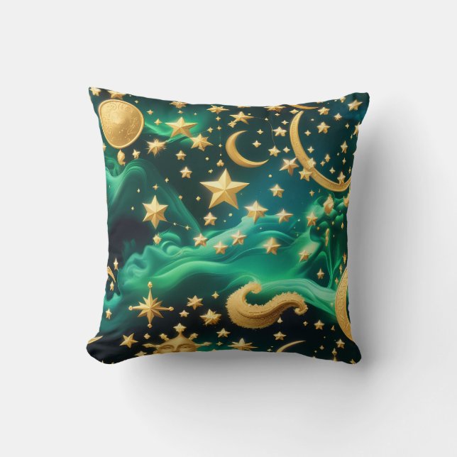 Throw Pillow – Luxury Emerald Celestial Moon Kudde (Framsida)