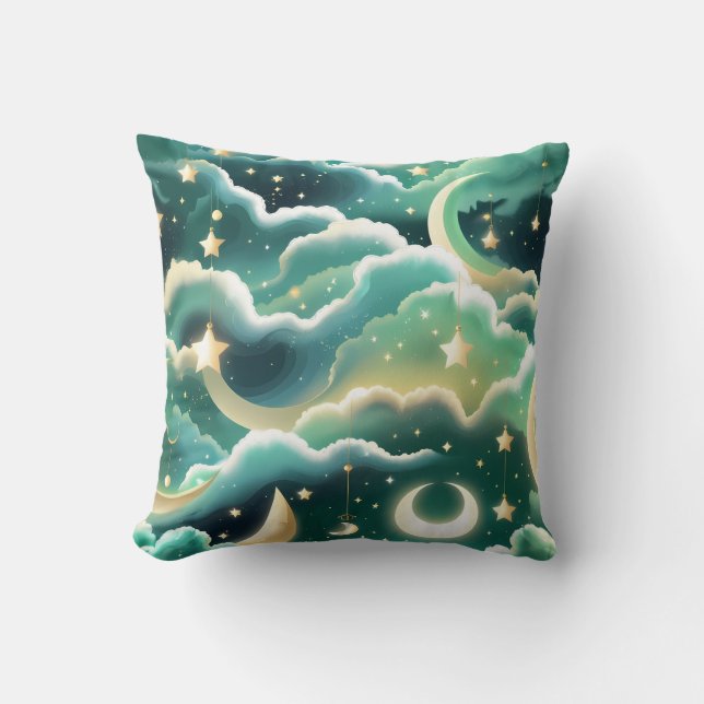 Throw Pillow – Luxury Mint Green Celestial Moon Kudde (Framsida)