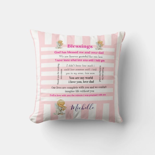Throw Pillow Pink & White Stripe Blessings  Kudde (Framsida)