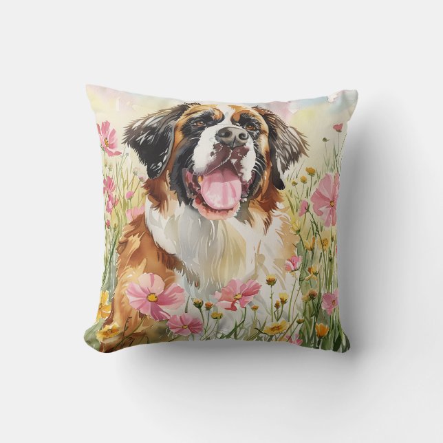 Throw Pillow – Saint Bernard Watercolor Pillow Kudde (Framsida)