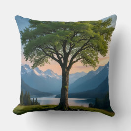 Throw Pillow Tree, Green Land, Sea, Sky & Mountain Kudde