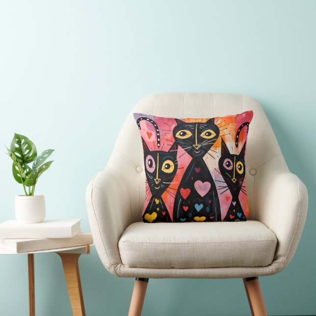 Throw Pillow Valentine's Day Cat Red Hearts Kudde (Stol)