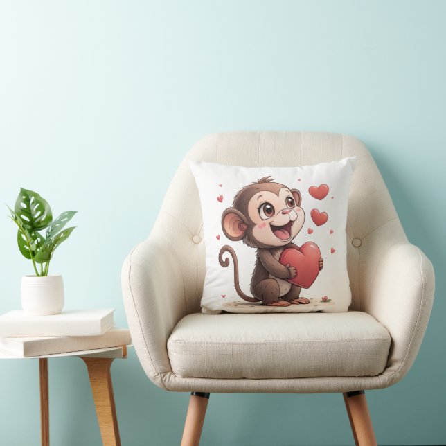 Throw Pillow Valentine's Day Monkey Red Hearts Kudde (Stol)