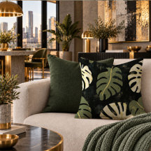 Throw Pillow With Deep Green Gold Monstera Pattern