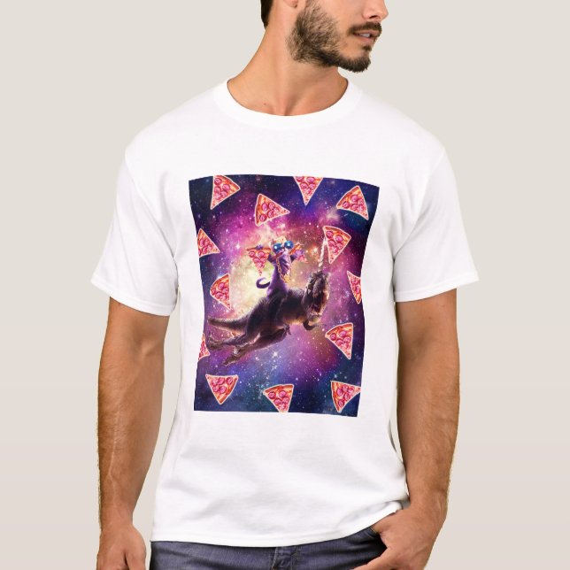 Thugh Space Cat on Dinosaur Unicorn - Pizza T Shirt (Framsida)