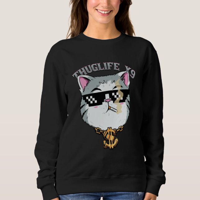 Thuglife Cat with Sunglasses Neck Chain Gangster C T Shirt (Framsida)